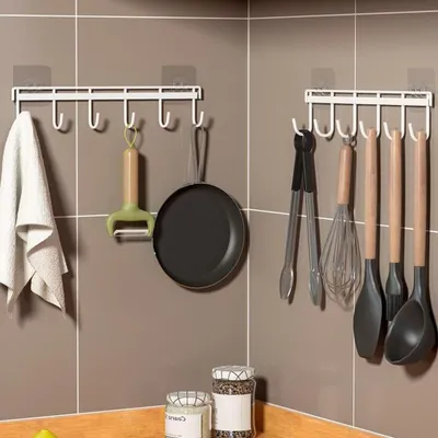 Produktbild von Wandregal 6 Haken, Wandmontage ohne Bohren, fuer Kueche, Badezimmer, Weiss