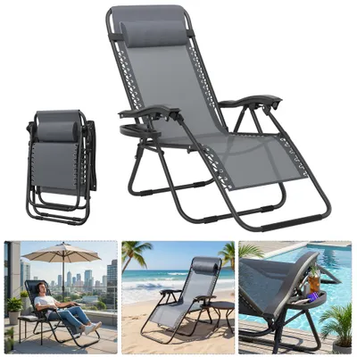 Produktbild von UISEBRT Hellgrau Faltbarer Liegestuhl, Strandstuhl, Relaxstuhl für Camping und Garten, max. 120kg, mit Kissen, Klappstuhl für Sonne und Entspannung, ideal für Terrasse, Pool