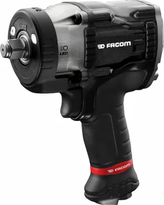 A close-up studio shot of a black and gray pneumatic impact wrench with a red accent band.