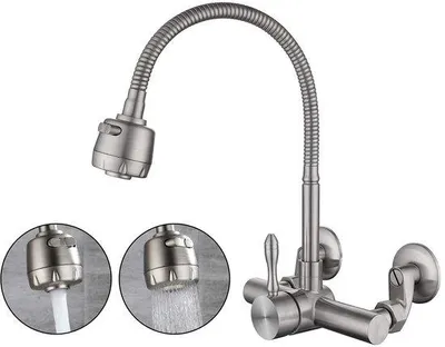 Image de Robinet de lavabo mural en acier inoxydable 304, orientable à 360°, à une seule poignée, robinet de cuisine, trous de montage 6,3-24 cm