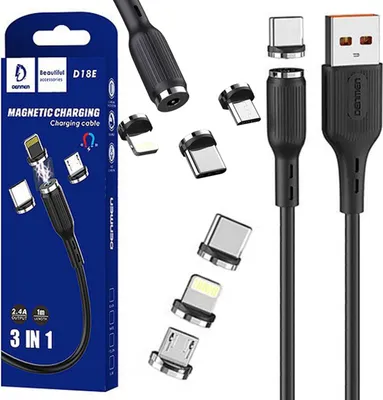 Zdjęcie produktu dla Denmen Kabel Usb 3W1 Magnetyczny Ładowanie Micro Typ-C Usb-C Lightning
