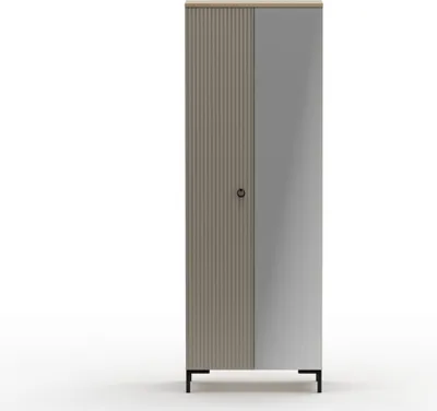 A tall, narrow wardrobe with a fluted gray door on the left and a mirrored door on the right, standing on thin black legs against a white background.