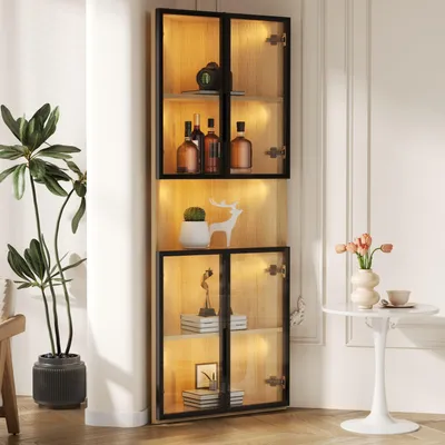 Produktbild von Flieks LED-Glasvitrine mit integrierte Lichtleiste, staubdichter Schrank aus gehärtetem Glas, 62x32x160cm Eckvitrine mit Tür, Eiche