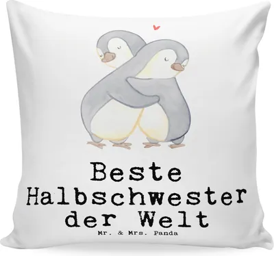 Produktbild von Mr. & Mrs. Panda Kissen 40x40 Pinguin Beste Halbschwester der Welt - Weiß - Geschenk, Schwesterherz, Geschenkidee, Schwester, Deko, für sofa, Dekokissen, Liebe, Familie