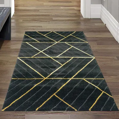 Image de Tapis moderne tapis design motifs géométriques en noir or Taille - 80 x 150 cm