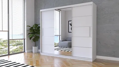 Obrázek produktu pro FurMeb24 Třídveřová skříň s posuvnými dveřmi ALBA 250 x 218 cm Šatní skříň se zrcadlem – prostorná, elegantní skříň s posuvnými dveřmi (bílá)