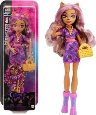 A Monster High doll, Clawdeen Wolf, is shown in her packaging on the left and outside of her packaging on the right.