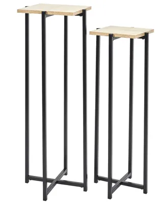 Produktbild von HowHomely Blumenständer Pflanzenständer 2er Set schwarz Metall und Holz Pflanzenhocker