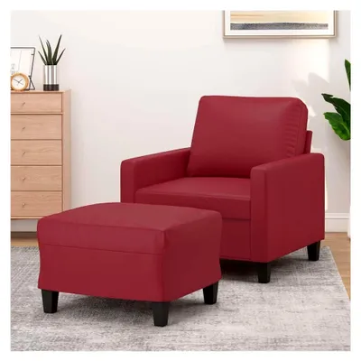 Produktbild von Sessel mit Hocker, Weinrot, 60 cm, Kunstleder, Robustes Metallgestell, Bequemer Relaxsessel für Wohnzimmer und Lesezimmer