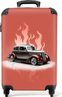 Obrázek produktu pro NoBoringSuitcases.com® Kufr Příruční zavazadlo Trolley Rolling suitcase Malý kufr na 4 kolečkách - Car - Pink - Vintage - Flames - Cabin Size < 55x40x23 cm & 55x40x20 cm - Foto kufr - Cabin suitcase - Board luggagePříruční zavazadlo Kufr 55x35x20 cm, 36L,