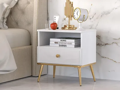 Produktbild von Nachttisch – Beistelltisch – Nachtschrank – Nachtkommode – GOLDIN 0701 – Weiß Hochglanz – 50 cm – Eleganter Nachttisch in modernem Design