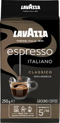 A product shot of a coffee package with a cup of coffee.
