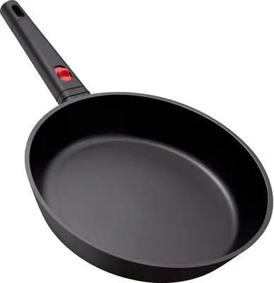 A black frying pan with a red accent on the handle, presented on a white background.