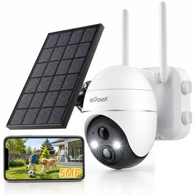 Zdjęcie produktu dla Kamera zewnętrzna ieGeek 5MP, zasilana akumulatorem i panelem słonecznym, z funkcją PTZ, czujnikiem ruchu PIR, zasięgiem 30m, kolorowym widzeniem nocnym, dwukierunkowym audio, Wi-Fi 2,4g i anteną Wi-Fi 4dBi
