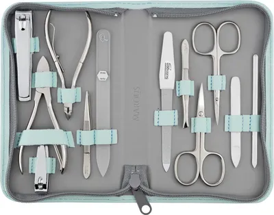 Produktbild von marQus Solingen Maniküre Pediküre Set - 12 Teile in Echt Leder Etui handlich und weich - Komplett Kit mit allem für die Hand- und Fußpflege, Nagelset
