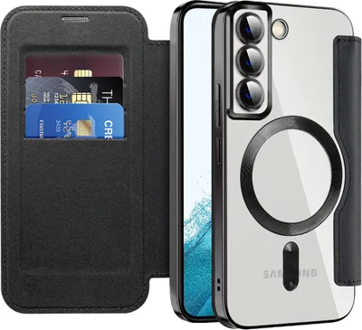 Immagine prodotto di Custodia per Samsung Galaxy S22 5G compatibile con MagSafe, custodia trasparente con portacarte, custodia in pelle con protezione per fotocamera nera