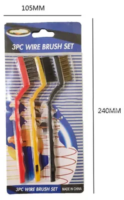 Obrázok produktu pre Sada drôtových kefiek s ergonomickou rukoväťou, vrátane murovacích kefiek a kefiek na detailné práce, určená na čistenie, odstraňovanie zvarových odrezkov, hrdze a prachu. Obsahuje 3 kusy, farby rôzne, dĺžka 18 cm