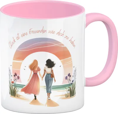 Produktbild von Freundinnen Sonnenuntergang Kaffeebecher in rosa mit Spruch Glück ist deine