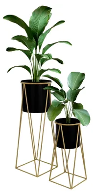 Produktbild von Blumenständer 2er Set, Schwarz-Gold, 21,8x22x47cm/25x25x71cm, Stahl, Blumentopfständer mit Übertopf, Metall Pflanzenständer, Blumentopfhalter 2-TLG