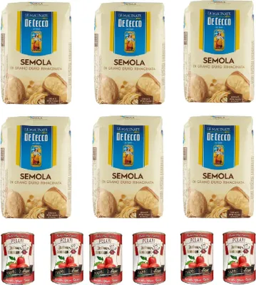 Produktbild von 6x De Cecco Hartweizengrieß Semola di grano duro rimacinata 1kg + Italian Gourmet 100% italienische geschälte Tomaten dosen 6x 400g