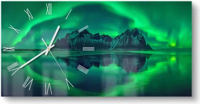 Produktbild von DEQORI Glasuhr 60x30 cm Römisch 'Vestrahorn im Polarlicht' Wanduhr Glas Uhr Design leise