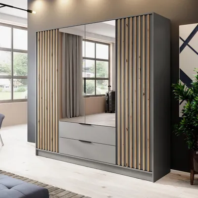 A modern wardrobe with mirrored doors and wooden slat accents, set in a room with large windows.