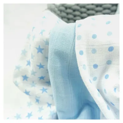 Produktbild von 6er Set Baby Musselin Quadrate Spucktücher 100% reine Baumwolle 70x70 cm mit blauen Sternen