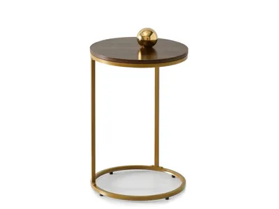 A round side table with a wooden top and a golden metal frame, featuring a golden sphere on top.