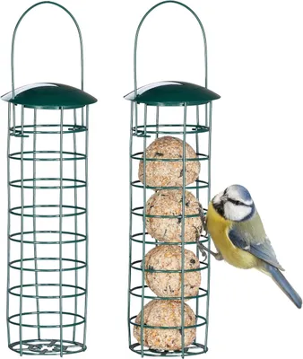 Produktbild von Meisenknödelhalter 2er Set, zum Aufhängen, HxD 31x8,5 cm, Vogelfutterspender für Wildvögel, Metall, dunkelgrün