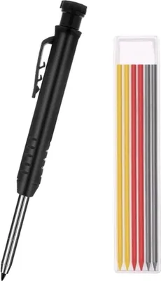 A black mechanical pencil with a silver tip and a clip, next to a clear plastic case containing colored pencil leads.