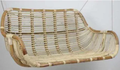 A rattan hanging chair is shown against a white background.
