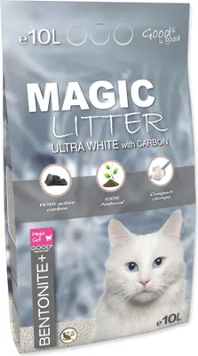 A bag of cat litter with a picture of a white cat on it.
