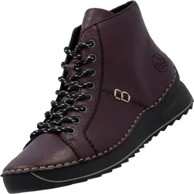 A single burgundy Rieker women's boot with black laces and a black sole, shown from a side-angle against a white background.