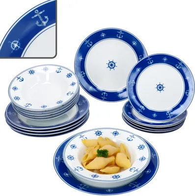 Zdjęcie produktu dla 18-częściowy zestaw porcelanowych talerzy Ahoy z niebiesko-białą dekoracją kotwicy