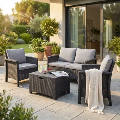 Immagine prodotto di Milani Home - salotto da giardino in resina rattan effetto wicker nero, set lounge 4 posti con tavolino per terrazzo e portico