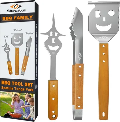 Produktbild von BBQ Zubehör Set, 3-teilig, Edelstahl, Holzgriff, für Garten
