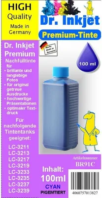 Produktbild von BR91C - Cyan - Dr.Inkjet Premium Nachfülltinte kompatibel für Brother, 500 ml - Druckerpatronen für LC-421, LC-422 & LC-3211 bis LC-3239