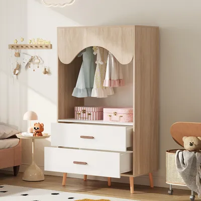 Immagine prodotto di Armadio per bambini Merax in legno con appendiabiti e cassetti, armadio a giorno, armadio in piedi, mobili per la camera dei bambini, 80×46×141,5 cm, bianco/natura
