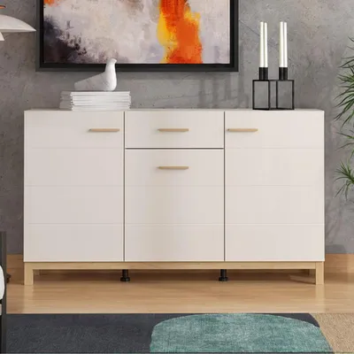 Image de Pianico - Buffet, 154x42x89h cm Blanc Crème, 3 Étagères