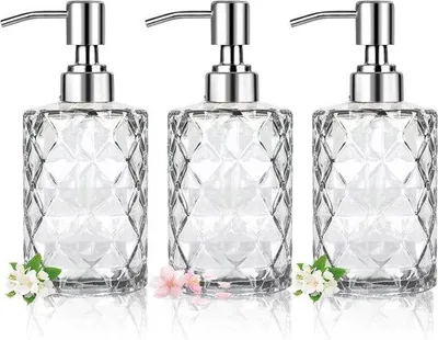 Immagine prodotto di Tre dispenser per sapone in vetro - 330 ml - Trasparenti - Pompa in acciaio inossidabile