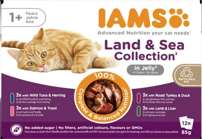 Imagen del producto de Iams Delights, alimento húmedo para gatos, colección "Tierra y Mar", en gelatina, 12 unidades de 85 g