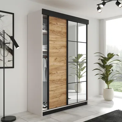Obrázek produktu pro FurMeb24 2dveřová skříň s posuvnými dveřmi LAMER 138x205 cm Šatní skříň se zrcadlem (kašmír + zlatý dub)