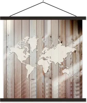 Produktbild von MuchoWow® Textilposter Weltkarte - Weiß - Holz 40x40 cm mit schwarzem Rahmen - Fotos