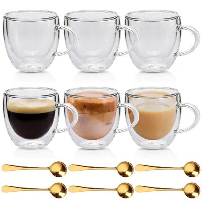 Produktbild von 6x Doppelwandige Latte Macchiato Gläser 250ml mit Henkel & Löffel, hitze-/kältebeständig