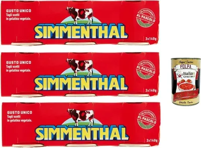 Produktbild von SIMMENTHAL carne in scatola, Rindfleisch in Aspik 3x (3x 140g) 100% Italienisch Fleisch Aspikfleisch + Italian Gourmet polpa 400g