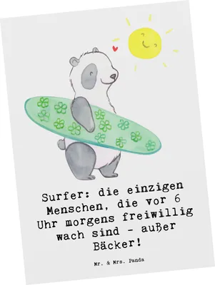 Produktbild von Mr. & Mrs. Panda Postkarte Surfen Frühaufsteher - Weiß - Geschenk, Abenteuer, Ansichtskarte, Fotokarte, Postkarten, Sportler, Grußkarte, Sportart, Strand, Ansichtskarten