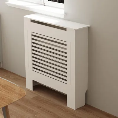 Obrázek produktu pro FATIVO Kryt radiátoru 78x19x101cm: Extra vysoký kryt topení v bílé barvě s dřevěnou strukturou, z zesíleného MDF, horizontální lamely