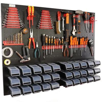 Image de Panneau mural d'atelier - Tableau d'outils - Pliable - Métal - 120 x 90 cm - 30 boîtes de rangement - Poignées noires