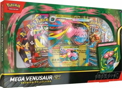 A product box for a Pokemon TCG Mega Venusaur GX Premium Collection.