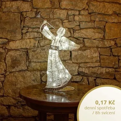 A decorative angel figurine with lights on a table in front of a stone wall.